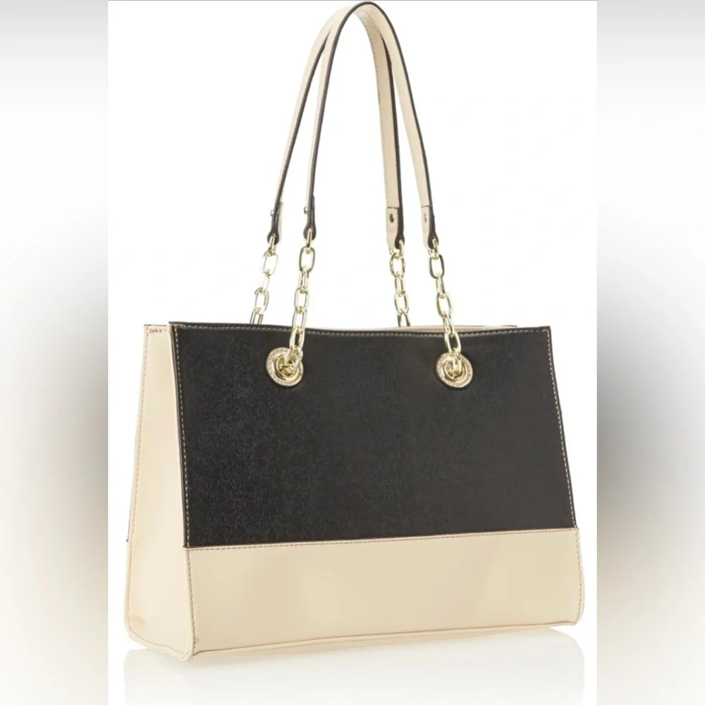 Anne Klein Women Full Bloom Large Tote‎ Purse Ivory/Black NEW Gold Hardware